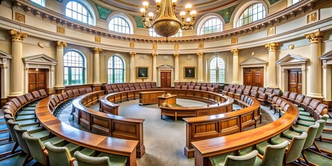 Classical council chamber with elegant curved seating arrangement , congress, government, forum