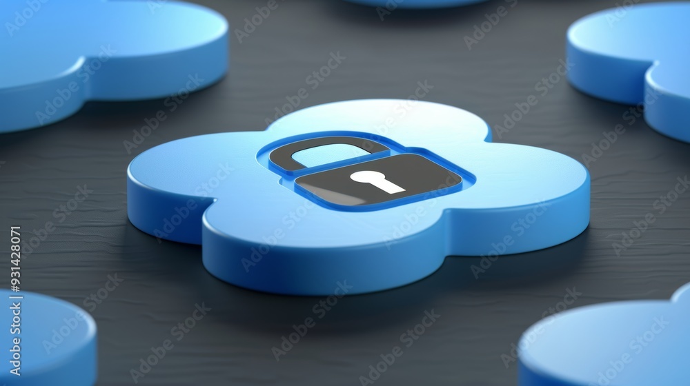 Poster blue cloud shapes with a lock icon concept of cloud computing security and data protection