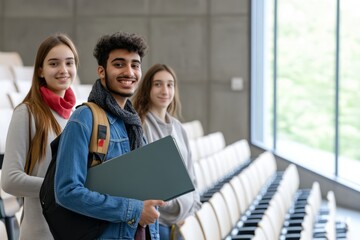 Fototapeta premium As college students of different races prepare to go to class for the new semester, the overall picture conveys a sense of confidence and youthful exuberance.