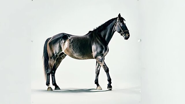 A black Holsteiner horse standing against a white background showing off his muscular body and shiny coat