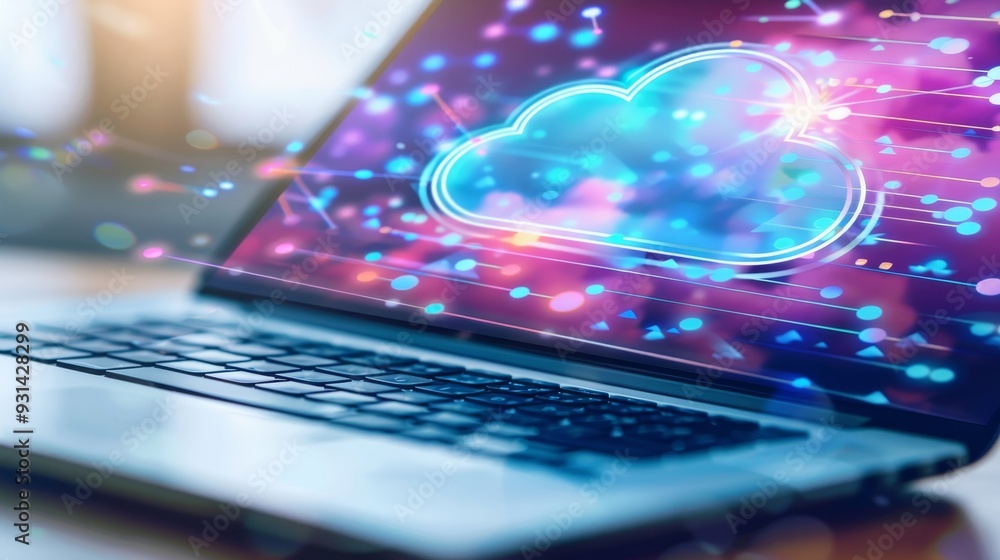 Aufkleber cloud computing concept laptop displaying holographic cloud icon and network connections