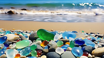 Photo Colorful gemstones on a beach. Polish textured sea glass and stones on the seashore. Green, blue shiny glass with multi-colored sea pebbles close-up. Beach summer background