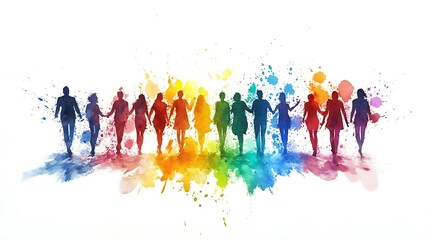 Obraz premium Watercolor Silhouette of People Holding Hands with Rainbow Splashes.
