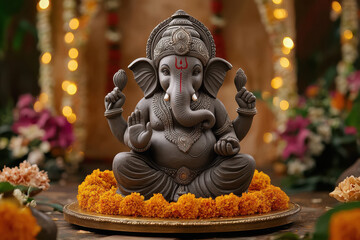 Fototapeta premium lord ganesha sculpture with flower decoration and lighting background.