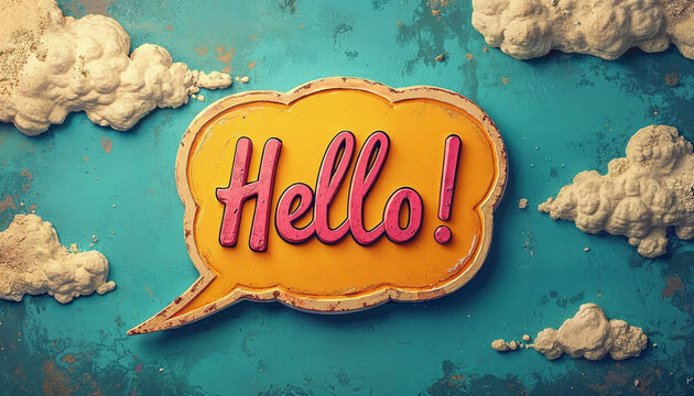speech bubbles , text hello ! , realistic texture and style , yellow bubble blue background , and some clouds - Powered by Adobe