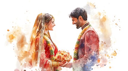 Watercolor Painting of an Indian Couple Getting Married.