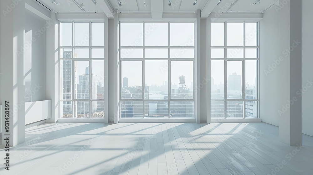 Poster interior design of a room in a new building with large windows : Generative AI