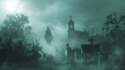 Spooky Halloween Night. Eerie Pumpkin Lanterns and Ghostly Figures.