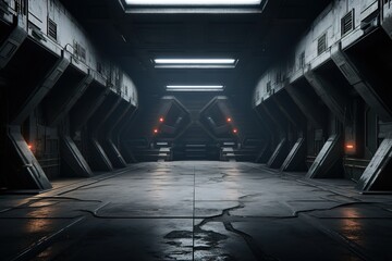 Futuristic dark corridor with glowing lights.