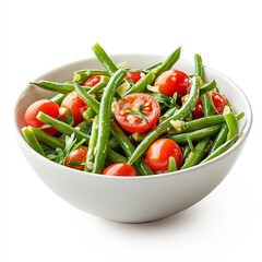Showcase a bowl of fresh green beans and cherry tomatoes with a light lemon dressing, set against a clean white backdrop.