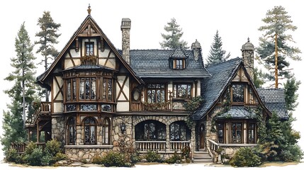 A Watercolor Illustration of a Stone and Timber House in the Woods.