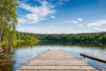 Obraz premium Beautiful lake scene with a wooden dock and mountains in the background, perfect for nature and relaxation themes. 