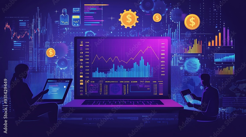 Poster businesspeople deeply engaged in analyzing financial data on a laptop, with charts and graphs on dis