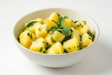 Photograph a bowl of fresh pineapple and mint salad with a light lime dressing, set against a pure white backdrop.