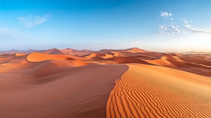 A panoramic view of a vast desert landscape with rolling sand dunes stretching as far as the eye can see. The warm colors of the sand contrast beautifully with the clear blue sky, creating a dramatic 