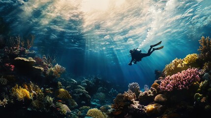 Fototapeta premium A diver glides through colorful coral formations, illuminated by sunlight filtering from the surface, discovering marine life below