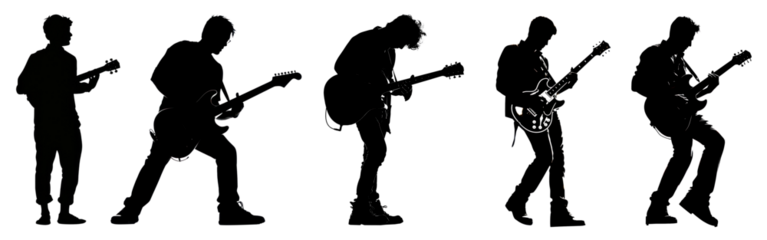 silhouette 2d graphic of guitarist png cut out element set