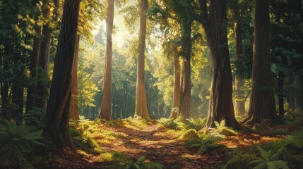 Obraz premium A peaceful forest scene with tall, ancient trees reaching up to the sky. Sunlight filters through the dense canopy, casting dappled shadows on the forest floor covered in fallen leaves and ferns