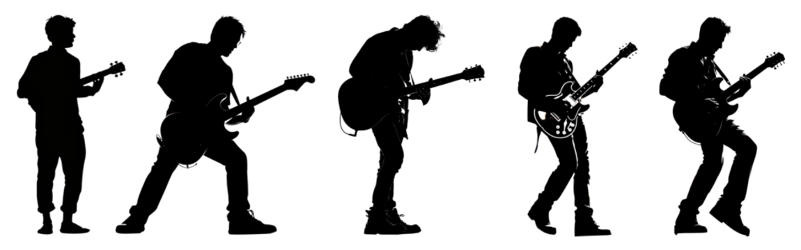 silhouette 2d graphic of guitarist png cut out element set - Powered by Adobe