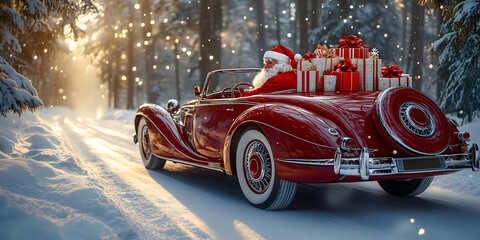 Santa Claus Driving a Vintage Luxury Car Delivering Gifts