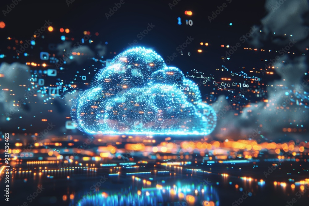 Aufkleber cloud computing with digital data flowing around futuristic cityscape , cybersecurity concept.