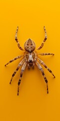 A spider is on a yellow background. The spider is brown and white