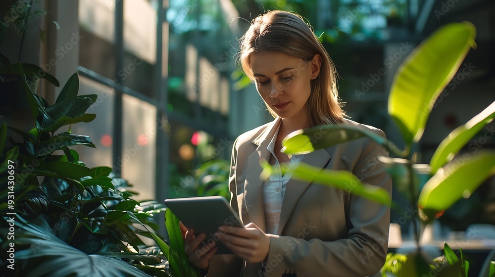 Poster a focused woman in business attire efficiently works on a tablet in a modern sunlit office space wit