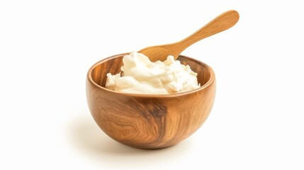 Tasty yoghurt in a wooden bowl isolated on a white background.