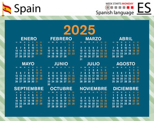 Spanish horizontal pocket calendar for 2025. Week starts Monday
