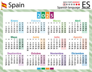 Spanish horizontal pocket calendar for 2025. Week starts Monday
