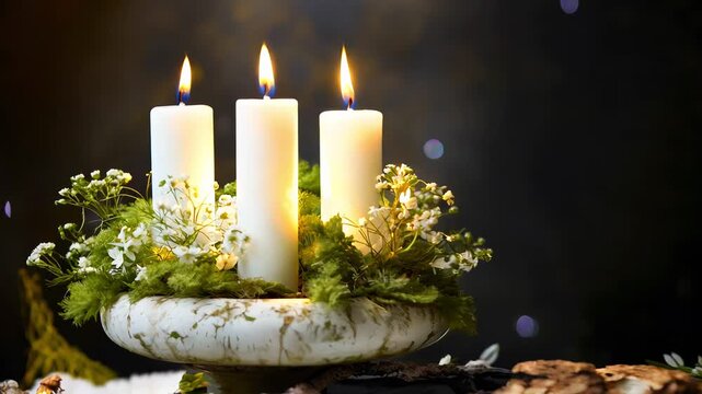 Christmas decoration with candles, moss and white winter flowers