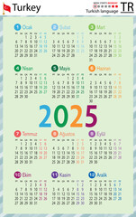 Turkish vertical pocket calendar for 2025. Week starts Monday
