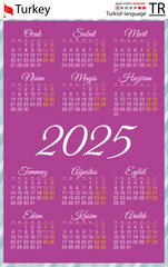 Turkish vertical pocket calendar for 2025. Week starts Monday