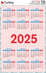 Turkish vertical pocket calendar for 2025. Week starts Monday