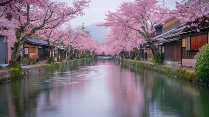 Obraz premium Beautiful cherry blossom trees lining a tranquil canal in spring, creating a picturesque scene of nature and serenity.