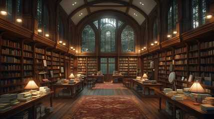 Obraz premium A large, dimly lit library with bookshelves, tables, and a window overlooking a forest