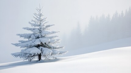 A peaceful winter scene with a lone pine tree covered in snow. The snow-dusted branches and the surrounding snow-covered ground create a tranquil and picturesque winter landscape.