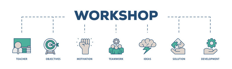 Workshop icons process structure web banner illustration of teacher, objectives, motivation, teamwork, ideas, solution, and development icon png transparent background.