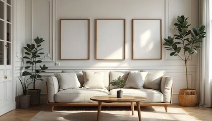 modern living room with sofa, three poster empty mockup frame on the wall