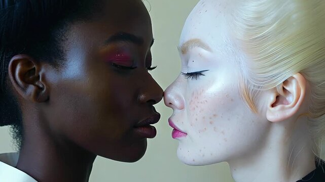 lose-up of two women, one with dark skin and braided hair, and the other with light skin and a bun, facing each other in traditional attire and hairstyles