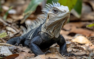 A close-up of a black and white iguana with a spiky back, looking at the camera, in a forest.