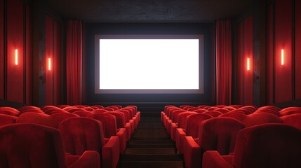 Fototapeta premium Empty cinema movie theater with blank screen and red seats.