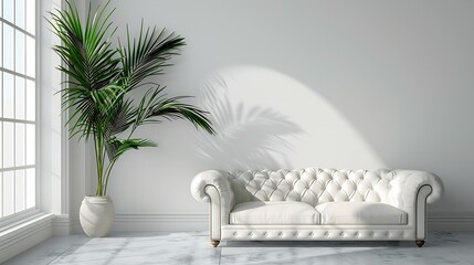 interior of a white room with a sofa window and a green palm tree : Generative AI