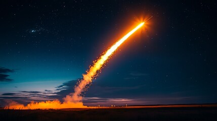 A picturesque image of a firework rocket launching into the night sky. The bright, fiery trail and explosive