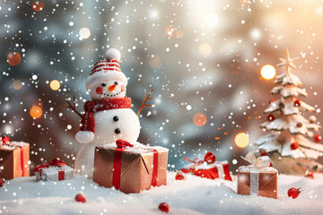 Obraz premium Christmas greeting card with bright winter holiday snowman and New Year background
