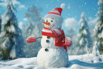 Fototapeta premium Christmas greeting card with bright winter holiday snowman and New Year background