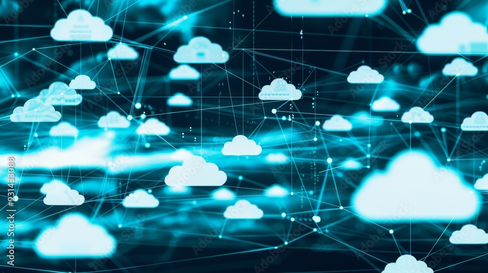Poster cloud computing network, data storage technology, digital transformation, cybersecurity concept.