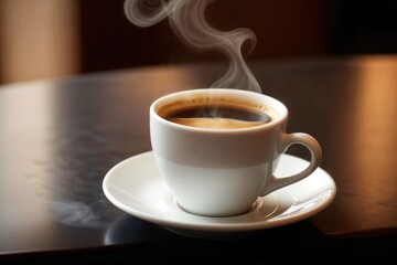 A steaming cup of hot coffee in a white cup on a dark wooden table, ideal for cozy and morning routine themes.