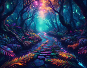 Fototapeta premium Abstract Path Through the Woods Focus on Leaf and Bark Textures in an Artistic, Nature-Inspired Design