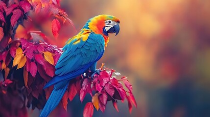Obraz premium A vibrant blue and yellow macaw perches on a branch of red and orange leaves against a soft, out-of-focus background.